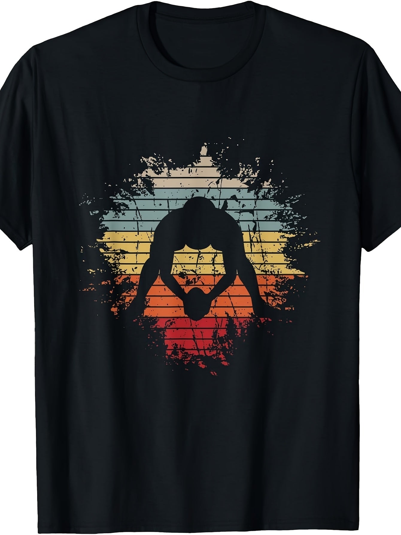 Men's & Women's Vintage Wrestling T-Shirt - Retro Wrestler Silhouette & Sunset Stripes, Wrestling Fan Gift Suitable for - Wear, Machine Washable Round Neck Tee for Casual Outfits or Wrestling Apparel