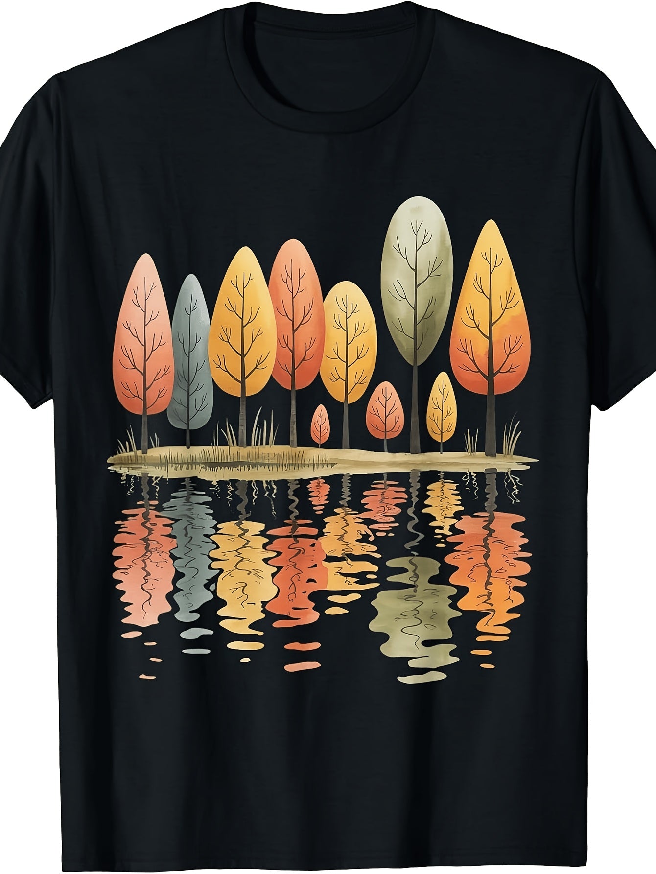 Men'S And Women'S T-Shirt, Autumn Trees Reflection Art Design, Fall Season Outdoor Casual Wear