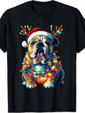 Cute, Men'S And Women'S T-Shirt, Christmas Bulldog with Santa Hat And Lights, Holiday Season