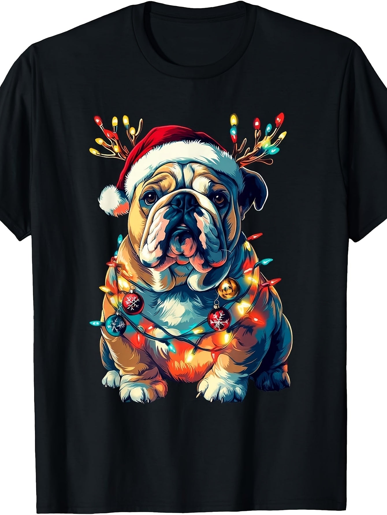 Cute, Men'S And Women'S T-Shirt, Christmas Bulldog with Santa Hat And Lights, Holiday Season