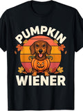Men's & Women's Vintage Retro T-Shirt - Pumpkin Wiener Dachshund Dog with Jack-O'-Lantern & Autumn Leaves, Dachshund Lover Gift, Fall Season Apparel, Machine Washable Casual Round Neck Tee