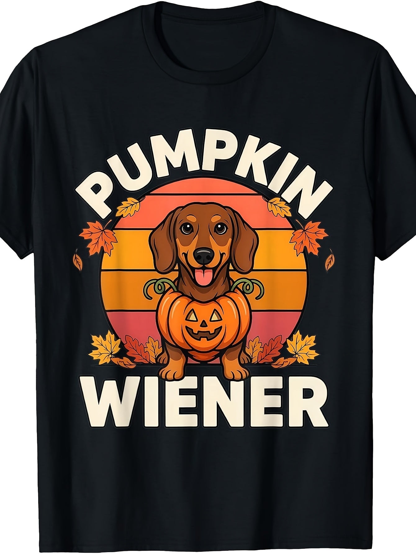 Men's & Women's Vintage Retro T-Shirt - Pumpkin Wiener Dachshund Dog with Jack-O'-Lantern & Autumn Leaves, Dachshund Lover Gift, Fall Season Apparel, Machine Washable Casual Round Neck Tee