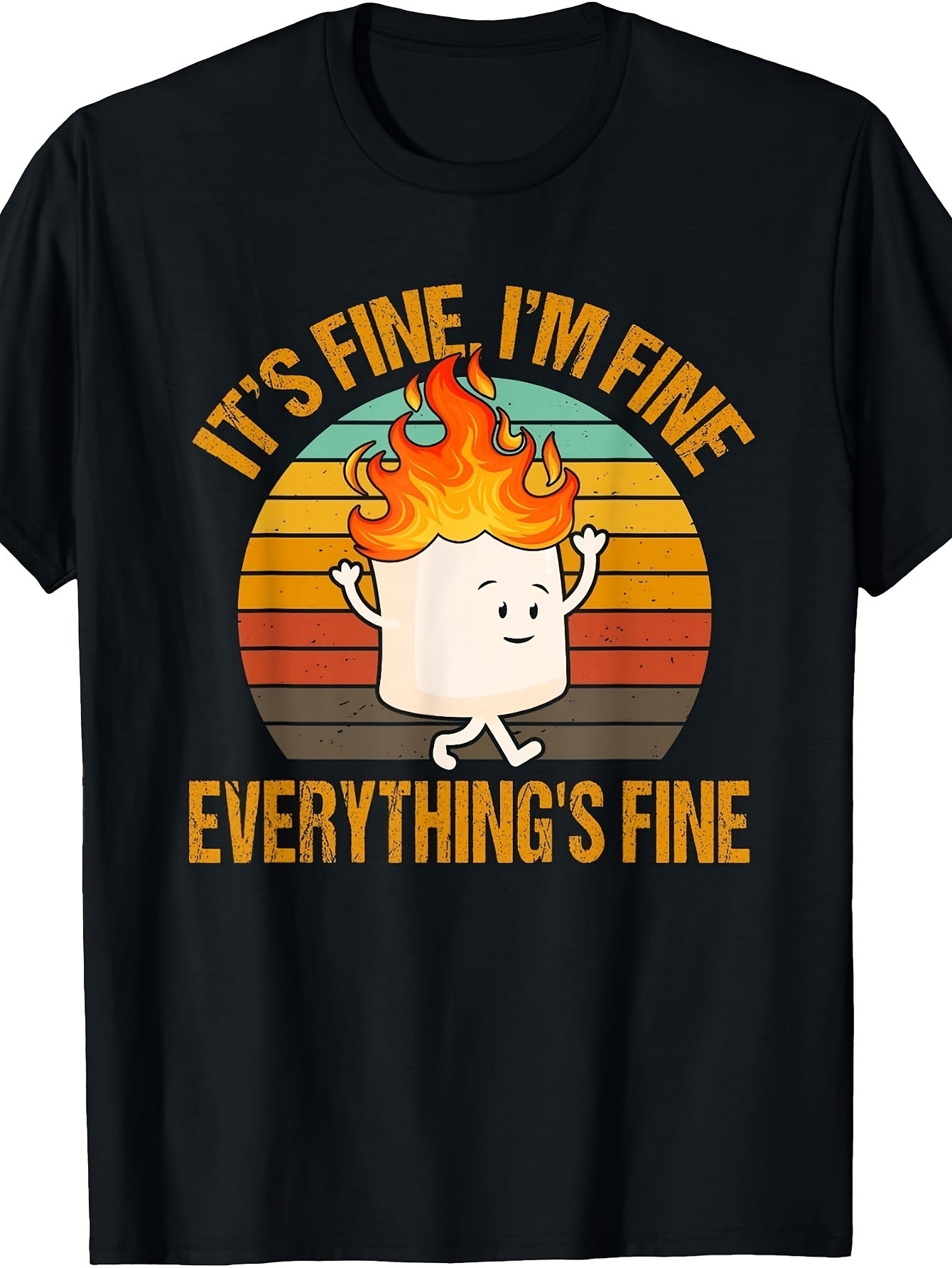 Vintage Retro Style, Men's And Women's T-Shirt, It's Fine I'm Fine Everything's Fine Burning Marshmallow Funny Quote Graphic, Summer Casual Wear