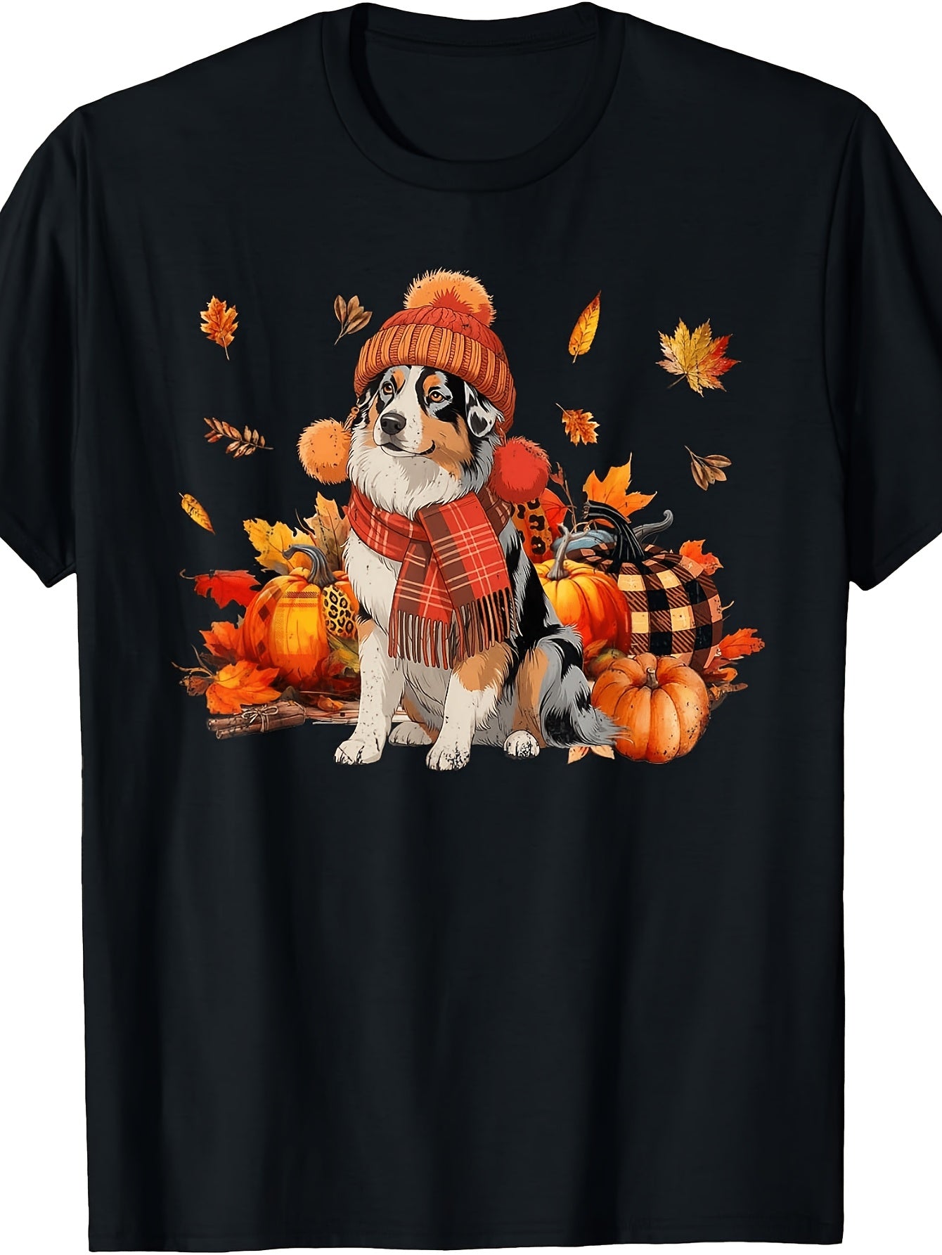Cute Autumn Style, Men's And Women's T-Shirt, Australian Shepherd Dog with Pumpkin And Fall Leaves Design, Thanksgiving Season