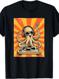 Retro Vintage Style, Men'S And Women'S T-Shirt, Funny DJ Octopus with Headphones And Turntable Graphic, Summer Party Music Festival Casual Wear
