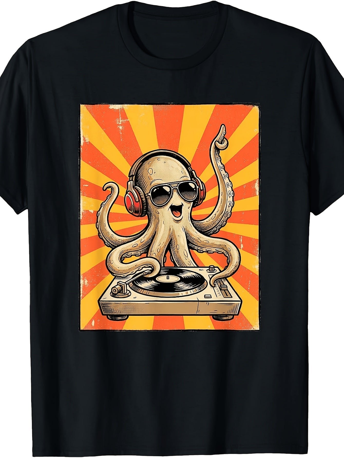 Retro Vintage Style, Men'S And Women'S T-Shirt, Funny DJ Octopus with Headphones And Turntable Graphic, Summer Party Music Festival Casual Wear