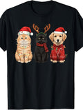 Men's & Women's Retro Christmas Cat & Dog T-Shirt with Santa Hat & Reindeer Antlers - Unisex Holiday Gift Suitable for Holiday Season, Winter Parties, Casual Wear, Machine Washable Pet Apparel