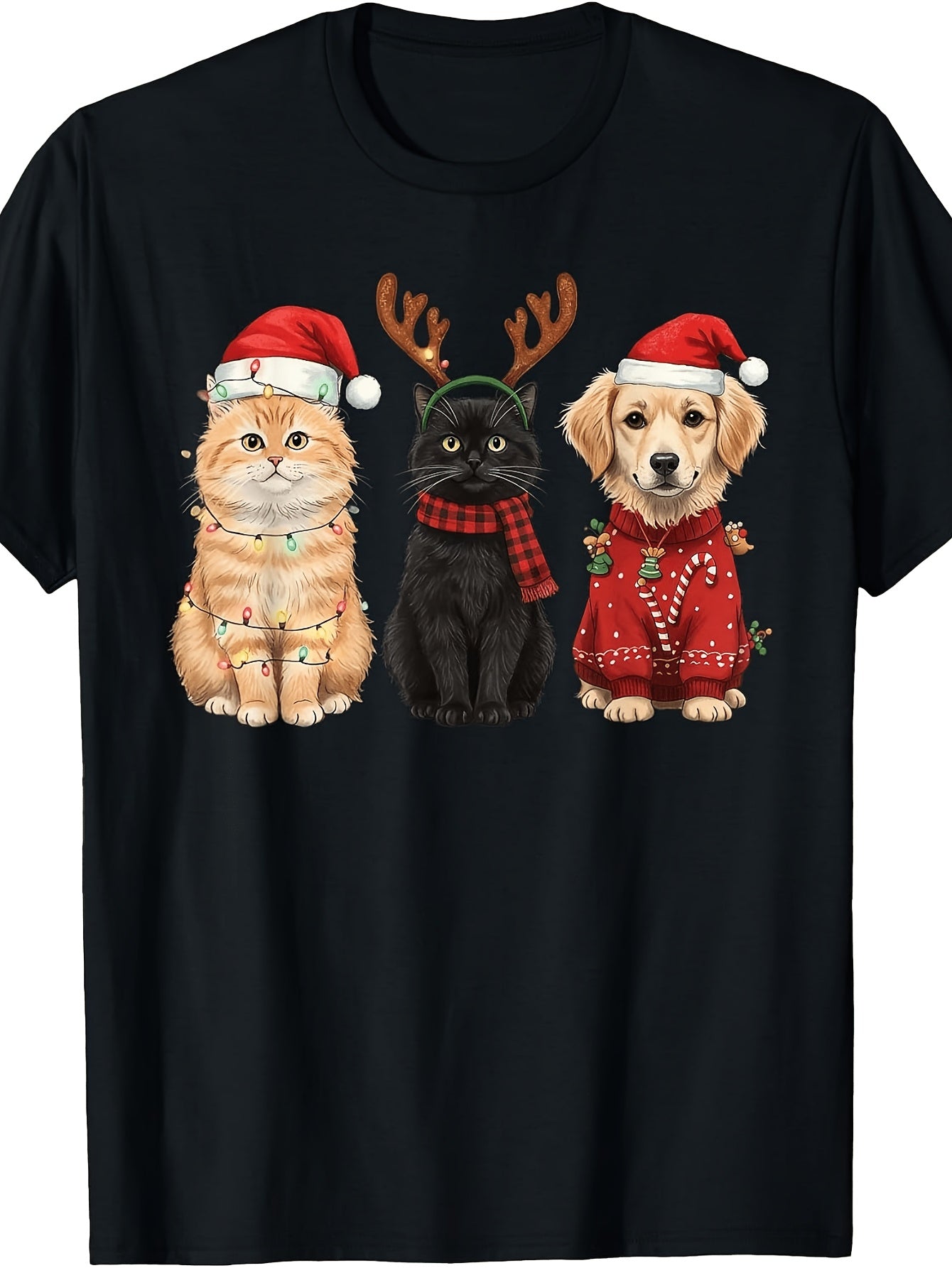Men's & Women's Retro Christmas Cat & Dog T-Shirt with Santa Hat & Reindeer Antlers - Unisex Holiday Gift Suitable for Holiday Season, Winter Parties, Casual Wear, Machine Washable Pet Apparel