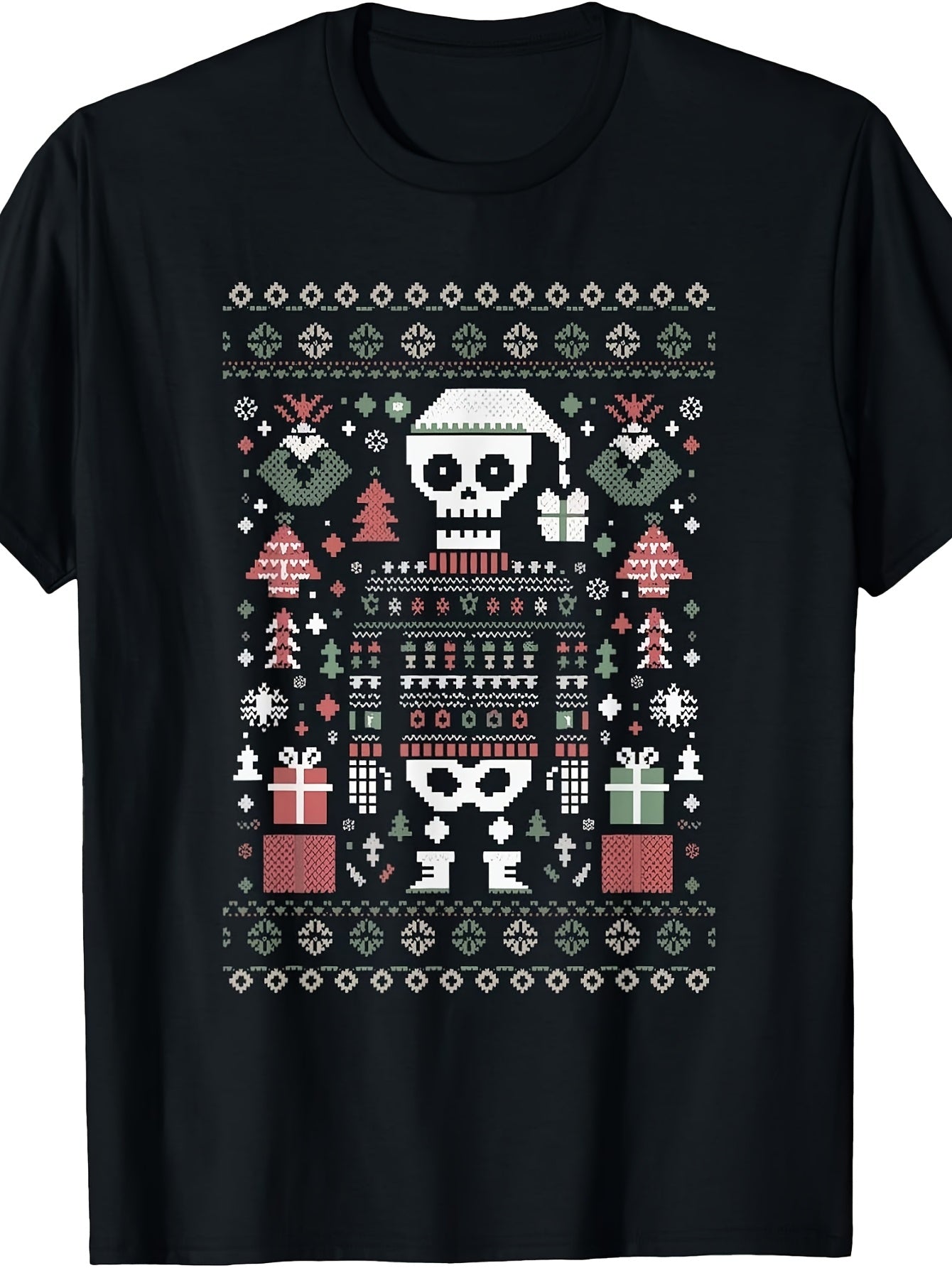Men's & Women's Ugly Christmas Sweater T-Shirt - Retro Skull Skeleton Santa Hat & Holiday, Machine Washable Round Neck Tee Suitable for Winter, Xmas, New Year's Eve - Casual Wear for Themed Outfits