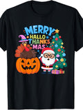 Men'S And Women'S T-Shirt, Funny Merry Halloween Thanksgiving Holiday Fusion Design, Thanksgiving Christmas Halloween Seasonal Celebration Gift