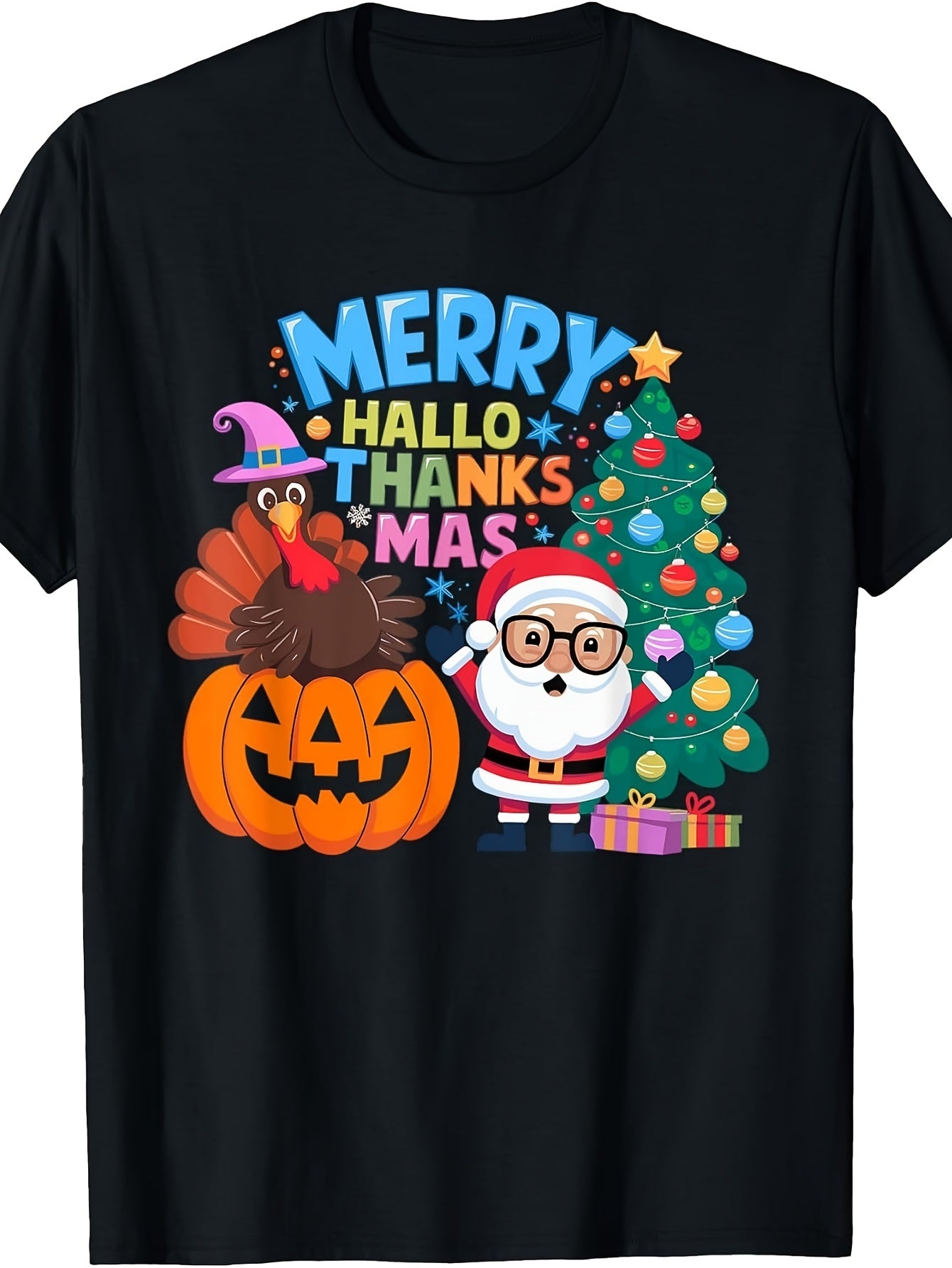 Men'S And Women'S T-Shirt, Funny Merry Halloween Thanksgiving Holiday Fusion Design, Thanksgiving Christmas Halloween Seasonal Celebration Gift