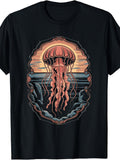 Vintage Style, Men'S And Women'S T-Shirt, Retro Jellyfish Sunset Ocean Wave Art Graphic, Summer Beach Vacation Casual Wear