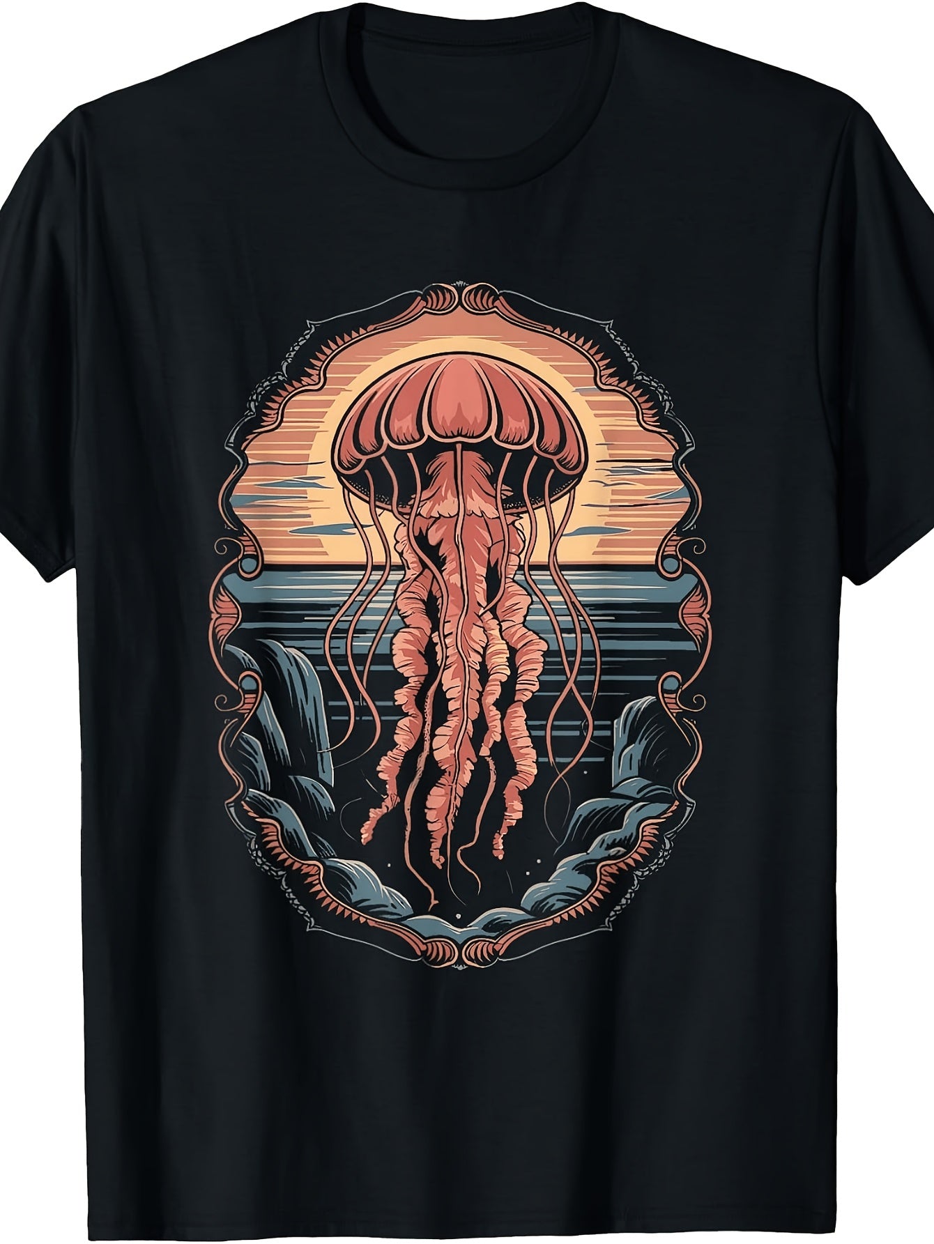 Vintage Style, Men'S And Women'S T-Shirt, Retro Jellyfish Sunset Ocean Wave Art Graphic, Summer Beach Vacation Casual Wear