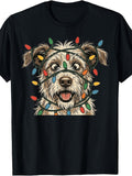 Funny Christmas Dog Tangled In Lights, Men's And Women's T-Shirt, Cute Puppy with Colorful Holiday String Lights, Winter Festive Season Gift