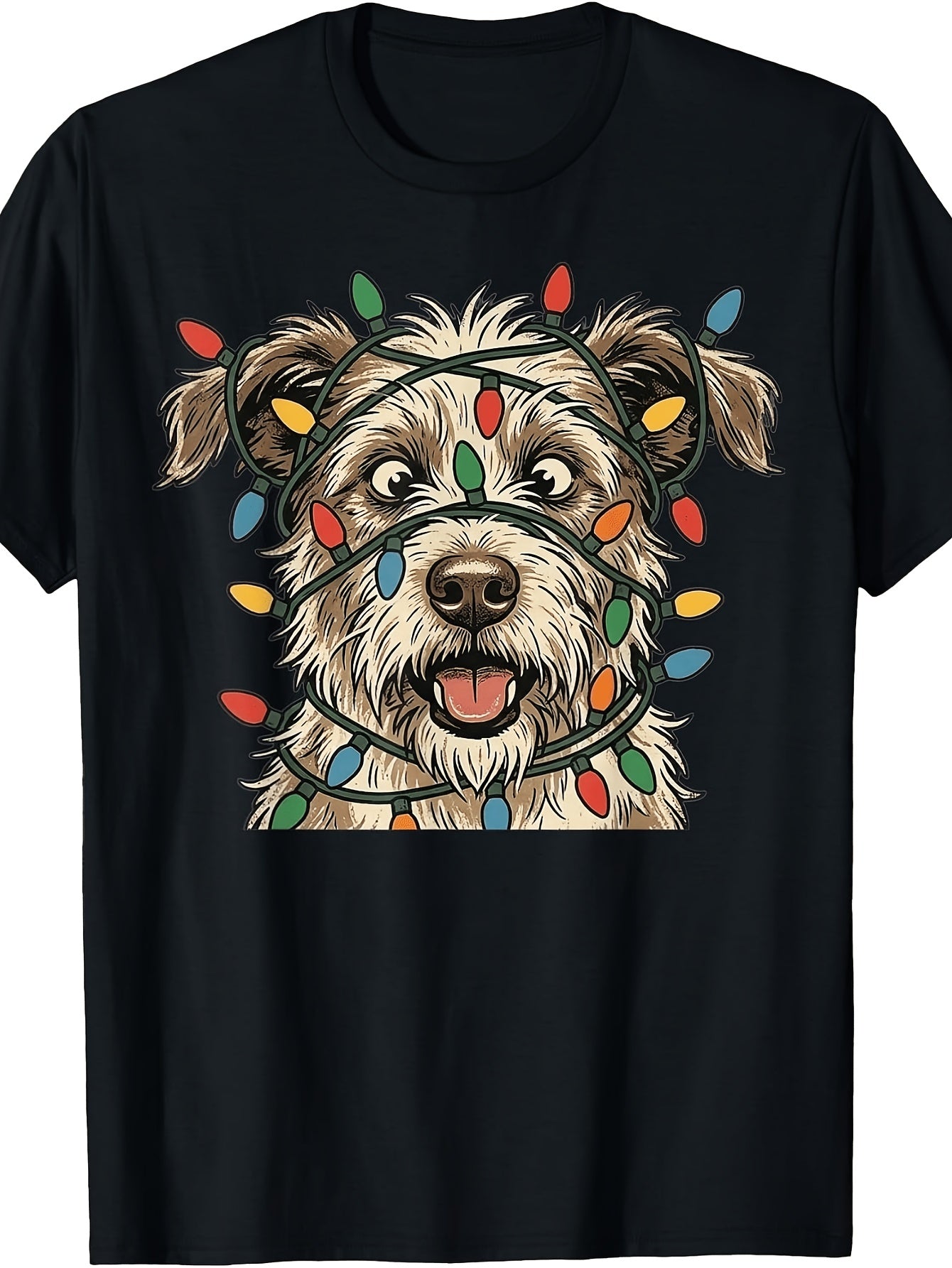 Funny Christmas Dog Tangled In Lights, Men's And Women's T-Shirt, Cute Puppy with Colorful Holiday String Lights, Winter Festive Season Gift
