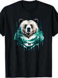 Artistic Men'S And Women'S T-Shirt, Grizzly Bear Head with Forest Landscape And Deer Silhouette, Outdoor Adventure Summer Wear