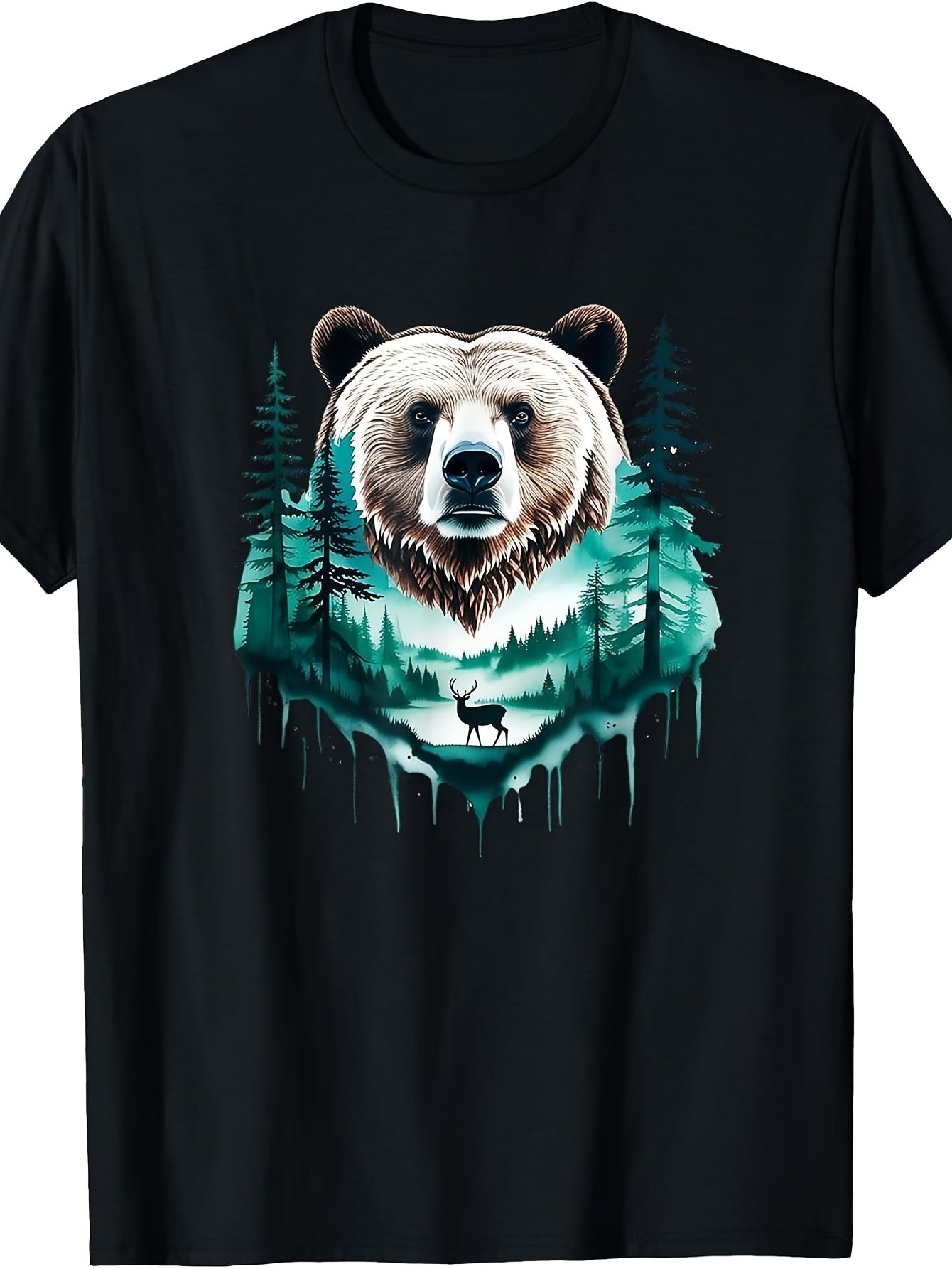 Artistic Men'S And Women'S T-Shirt, Grizzly Bear Head with Forest Landscape And Deer Silhouette, Outdoor Adventure Summer Wear