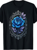 Vintage Gothic Style, Men'S And Women'S T-Shirt, Blue Peony Flower in Ornate Oval Frame Design, Casual Daily Wear Spring Summer