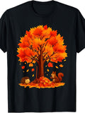 Cute Autumn Style, Men's And Women's T-Shirt, Fall Tree with Squirrel And Hedgehog Under Maple Leaves, Seasonal Outdoor Wear