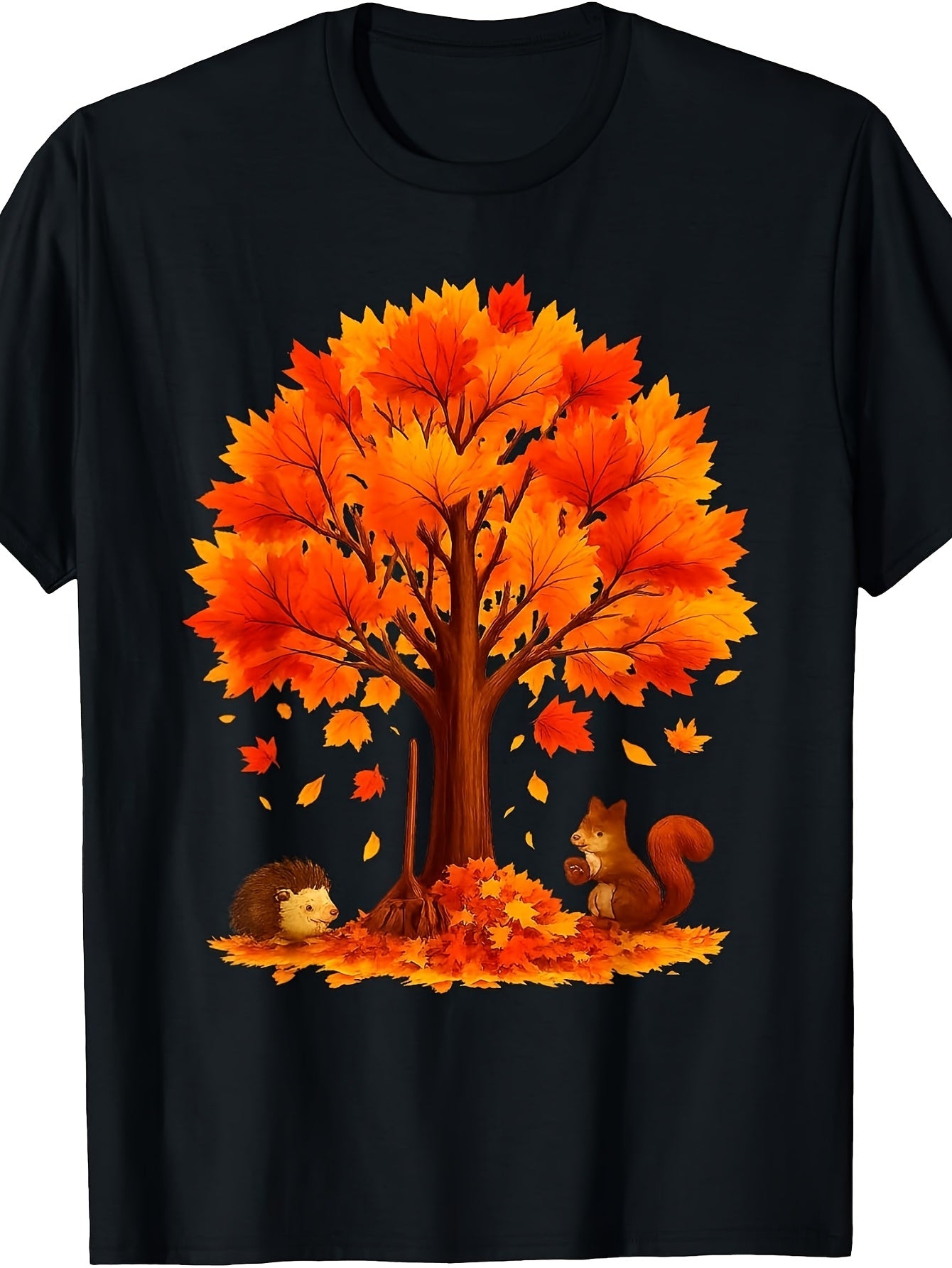 Cute Autumn Style, Men's And Women's T-Shirt, Fall Tree with Squirrel And Hedgehog Under Maple Leaves, Seasonal Outdoor Wear