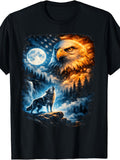Men'S And Women'S T-Shirt, Patriotic Bald Eagle And Howling Wolf Moonlight Forest Art, Summer Outdoor Casual Wear
