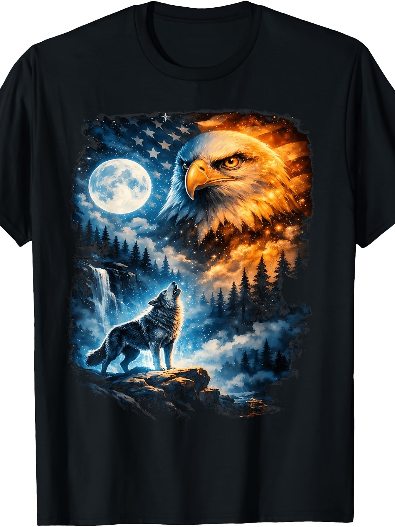 Men'S And Women'S T-Shirt, Patriotic Bald Eagle And Howling Wolf Moonlight Forest Art, Summer Outdoor Casual Wear