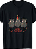 Cute Cartoon, Men'S And Women'S T-Shirt, Three Gray Cats with Christmas Lights And Party Hat Meowy Christmas Text, Holiday Season