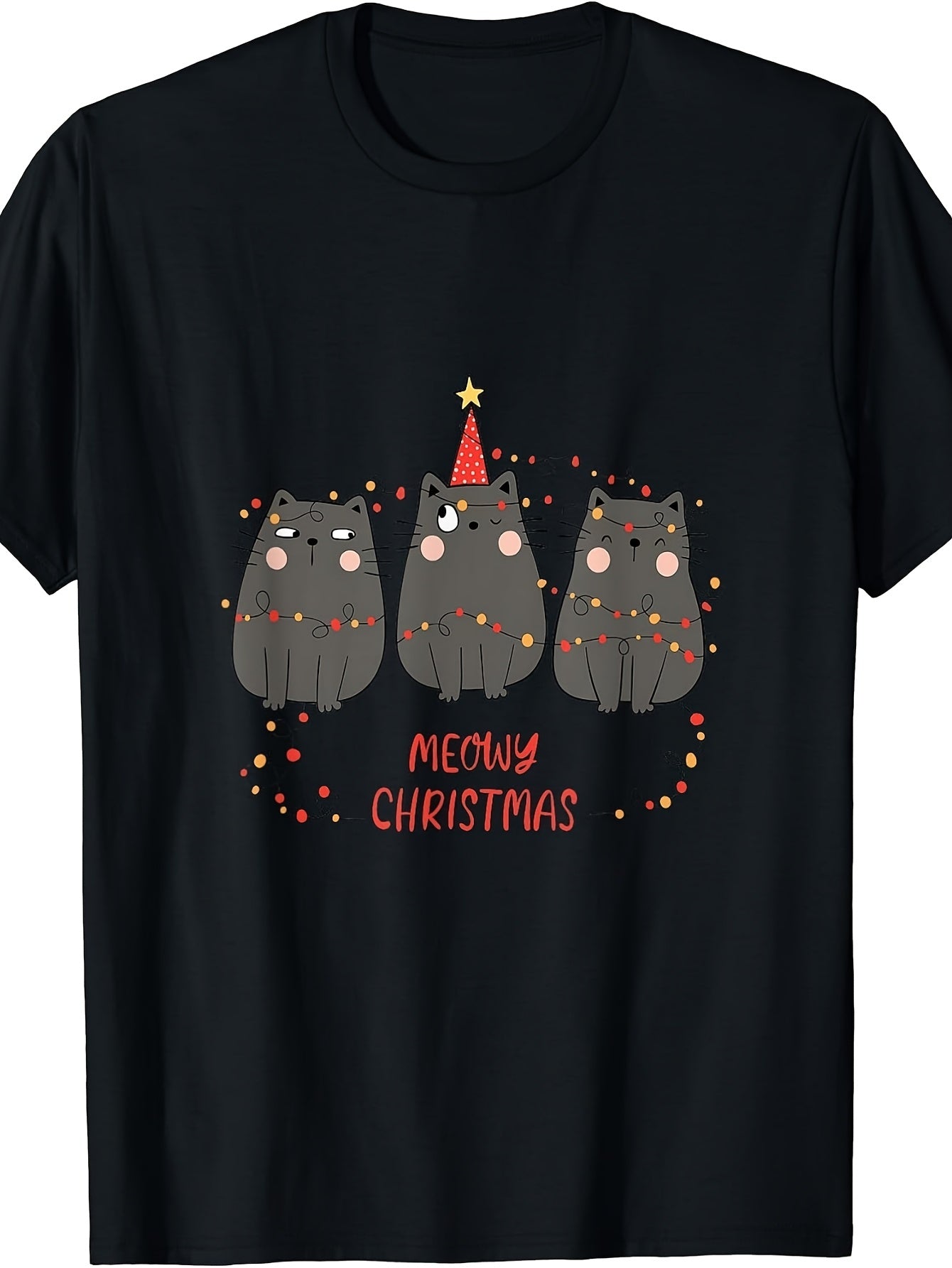Cute Cartoon, Men'S And Women'S T-Shirt, Three Gray Cats with Christmas Lights And Party Hat Meowy Christmas Text, Holiday Season