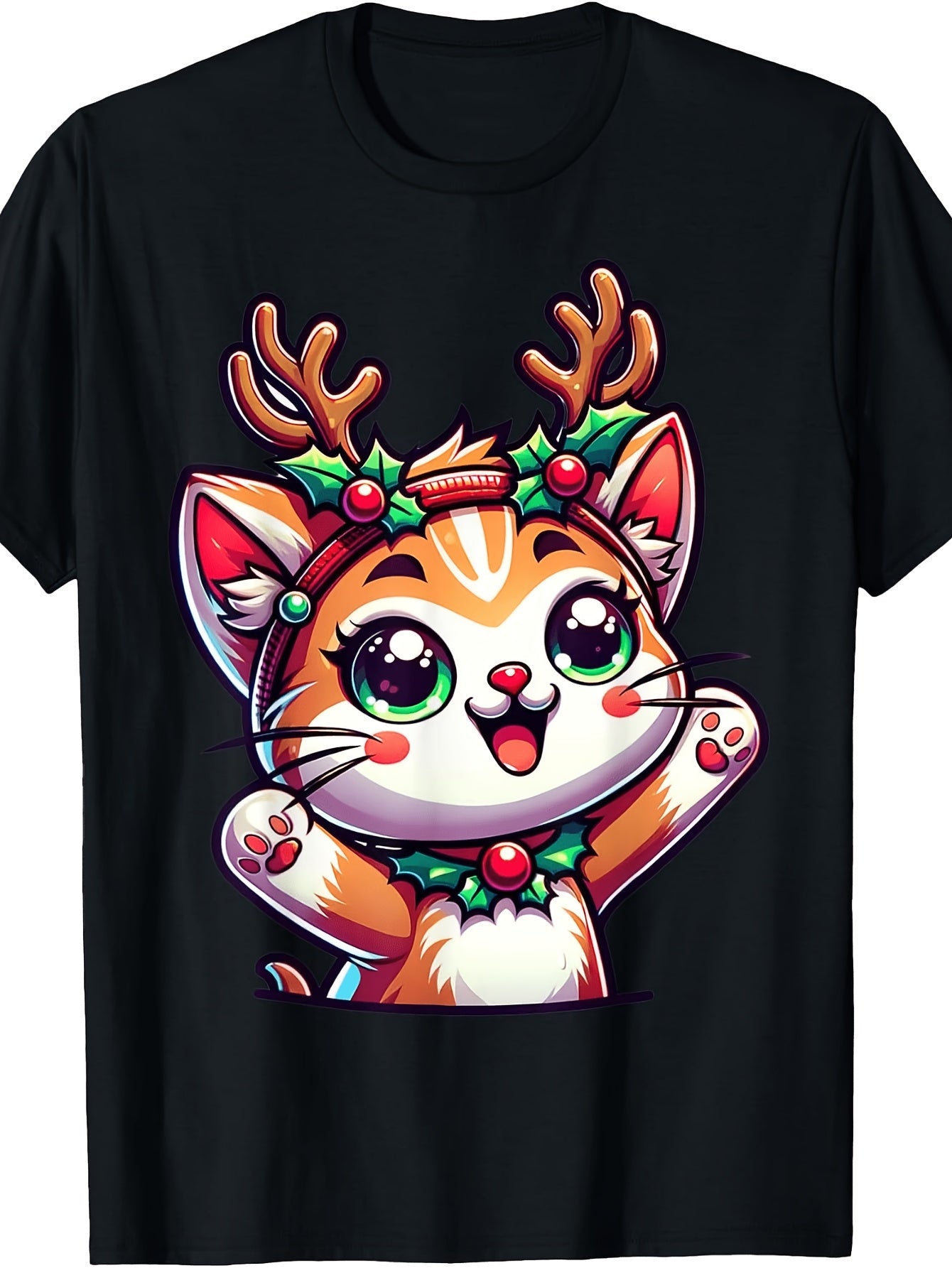 Men's & Women's Retro Christmas Cat T-Shirt with Reindeer Antlers & Holly Wreath - Unisex Round Neck Tee, Machine Washable Suitable for Holiday Gifts, Winter Parties, Casual Wear, Year-Round (No Transparency Concerns)