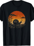 Vintage Retro Style, Men's And Women's T-Shirt, Snail Sunset Silhouette with Birds And Grass, Summer Outdoor Casual Wear