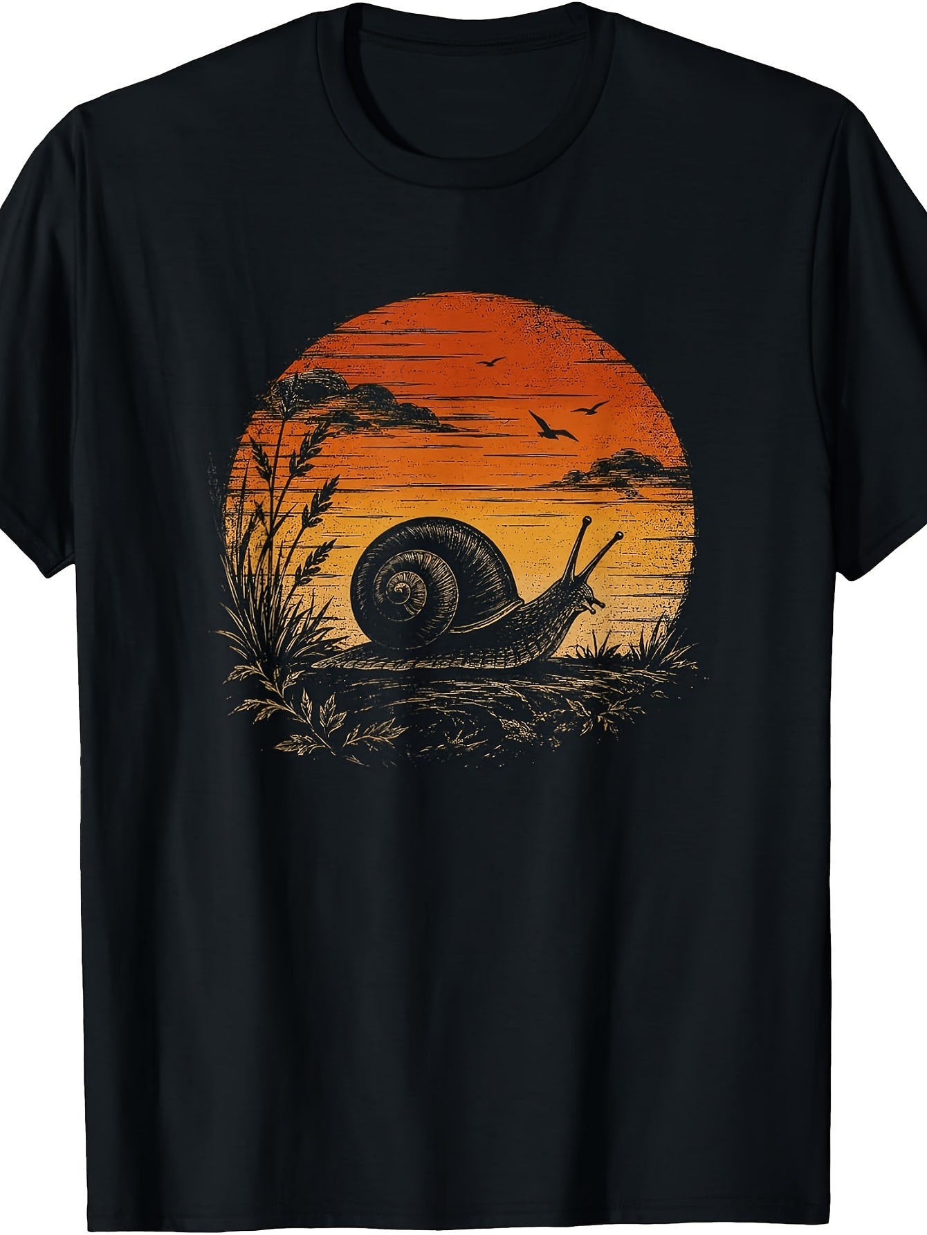 Vintage Retro Style, Men's And Women's T-Shirt, Snail Sunset Silhouette with Birds And Grass, Summer Outdoor Casual Wear