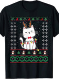 Ugly Christmas Sweater Style, Men'S And Women'S T-Shirt, Cute White Cat with Reindeer Antlers And Christmas Lights, Holiday Party