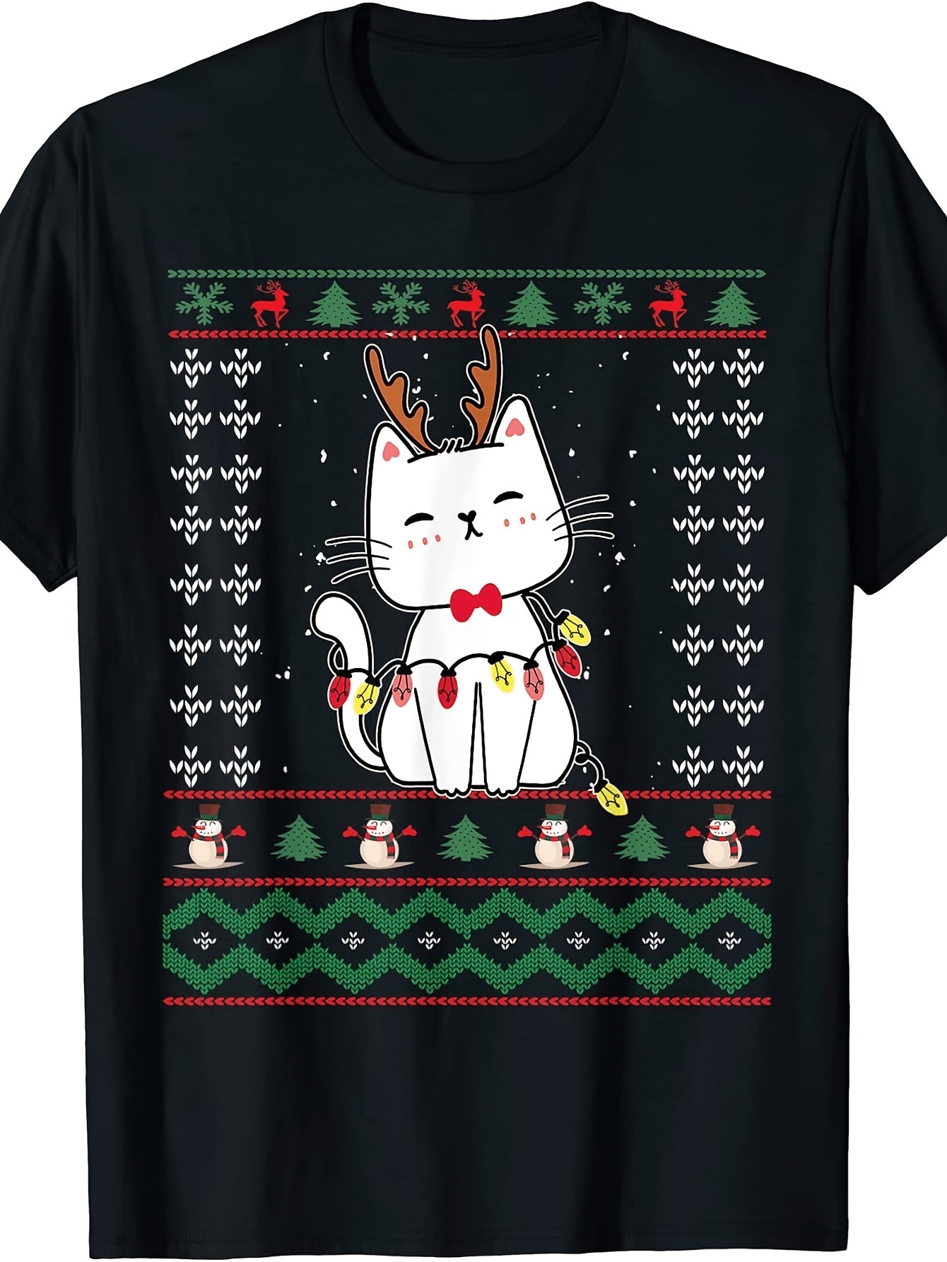 Ugly Christmas Sweater Style, Men'S And Women'S T-Shirt, Cute White Cat with Reindeer Antlers And Christmas Lights, Holiday Party