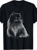 Men's & Women's Vintage Cat Line Art T-Shirt - Retro Long Hair Cat Graphic Round Neck Tee, Casual Daily Wear Suitable for Seasons, Machine Washable Unisex Apparel for Year-Round and Nostalgic Style