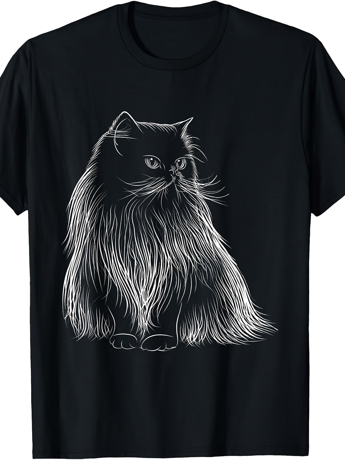 Men's & Women's Vintage Cat Line Art T-Shirt - Retro Long Hair Cat Graphic Round Neck Tee, Casual Daily Wear Suitable for Seasons, Machine Washable Unisex Apparel for Year-Round and Nostalgic Style