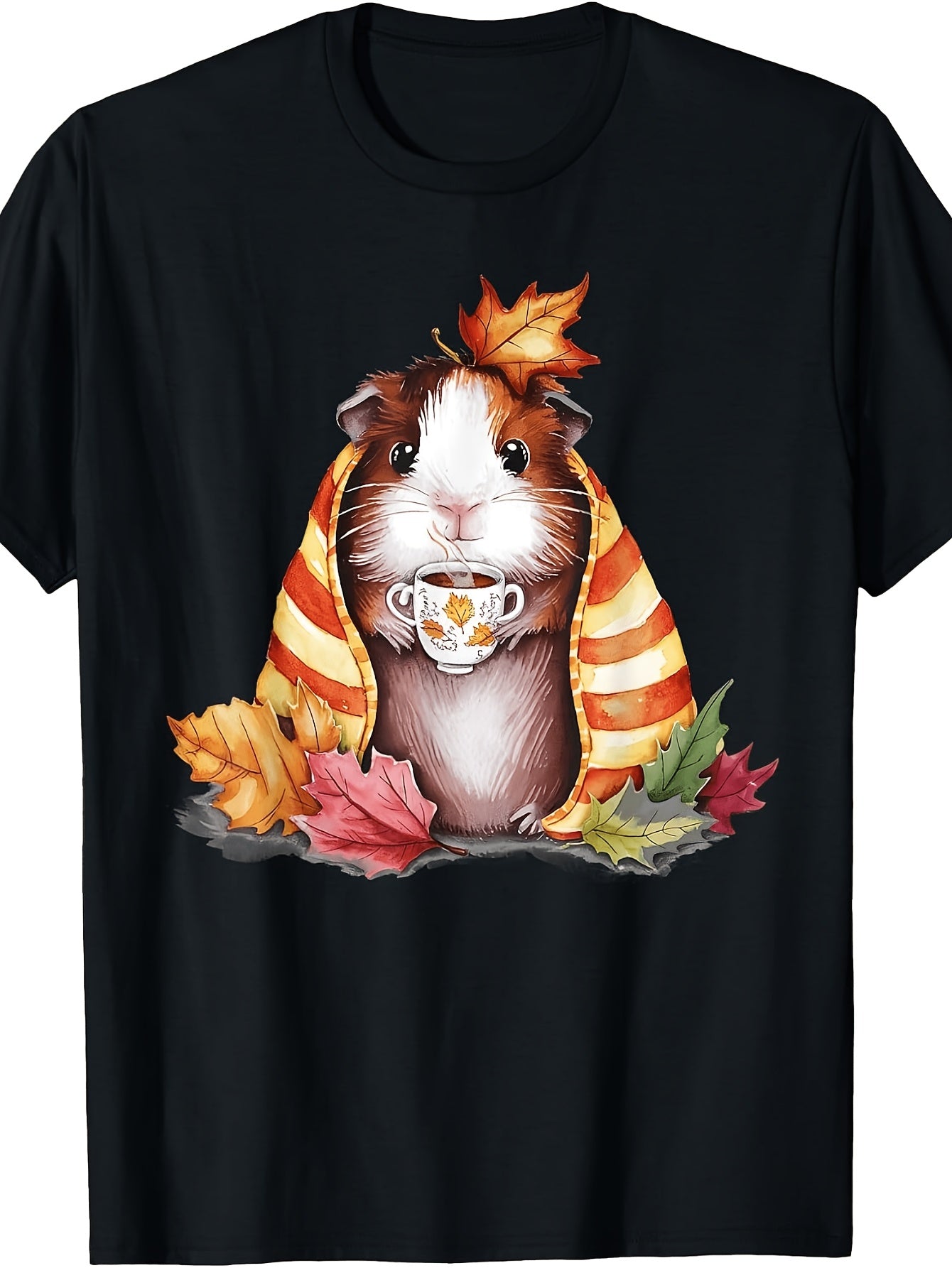 Cute Autumn Guinea Pig with Tea Cup And Fall Leaves, Men's And Women's T-Shirt, Cozy Fall Season Design, for Autumn Outings And Thanksgiving Gatherings
